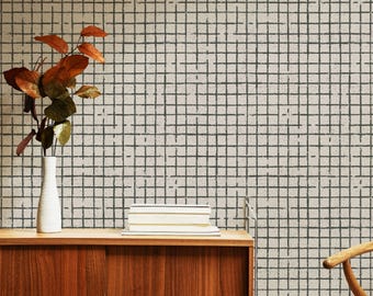 Boho Minimalist Wallpaper, Scandinavian Wallpaper for Teens Boys, Mid-century Modern Home Decor, Black and Beige Plaid Grid, Removable