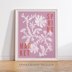 Cartel rosa de moda botánica, arte floral Blockprint, cartel del mercado de flores, estampado colorido de flores silvestres
