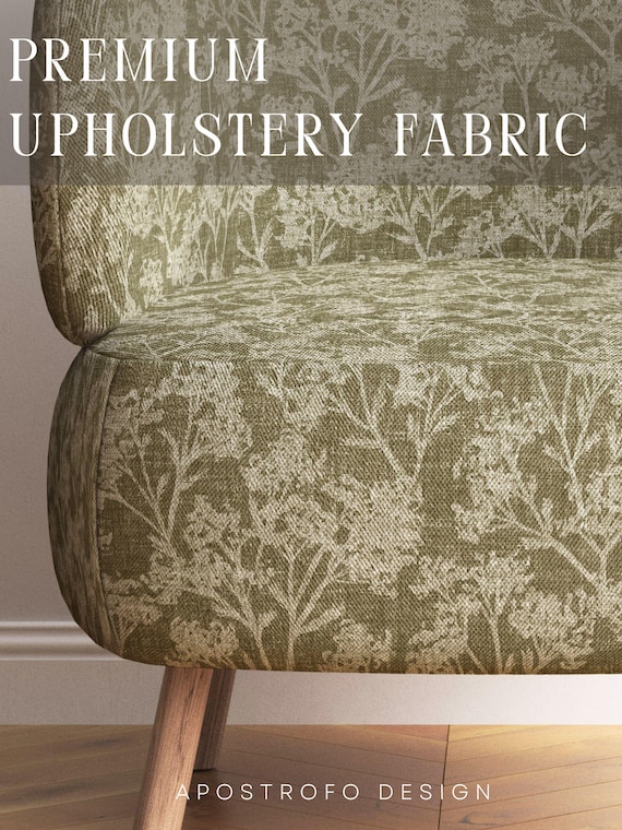 Moss Green Botanical Upholstery Fabric - Heavyweight Linen Fabric by the Yard - Headboard Cotton Fabric - Moody Home Decor