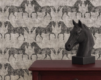 May include: A dark red wooden side table with a drawer, a black horse head sculpture, and a wallpaper background featuring a repeating pattern of black horses. The text "APOSTROFO DESIGN" is visible at the bottom.