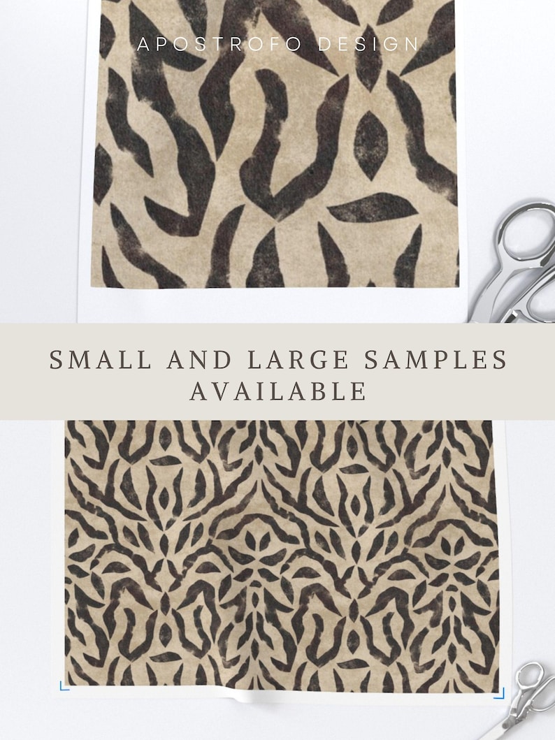 May include: Two rectangular paper samples featuring a dark brown abstract animal print pattern on a light beige background. The text APOSTROFO DESIGN appears at the top, and the text SMALL AND LARGE SAMPLES AVAILABLE is centred between the two prints.
