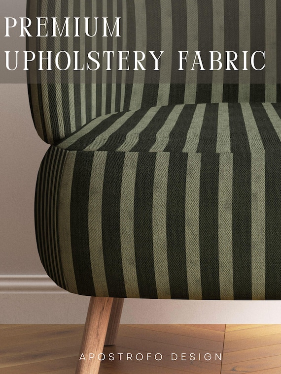 Dark Green Stripe Upholstery Fabric - Heavyweight Linen Fabric by the Yard - Vintage Looking Distressed Cotton Fabric - Moody Home Decor