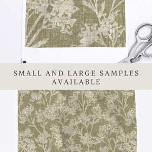 May include: A fabric swatch featuring an olive green background with a white botanical floral pattern and a textured weave. The text APOSTROFO DESIGN appears at the top, and a banner states SMALL AND LARGE SAMPLES AVAILABLE. Silver scissors are visible.