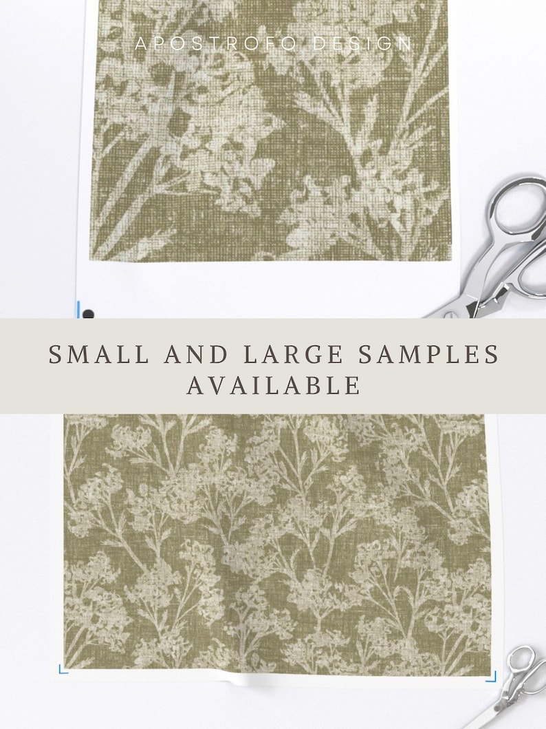 May include: A fabric swatch featuring an olive green background with a white botanical floral pattern and a textured weave. The text APOSTROFO DESIGN appears at the top, and a banner states SMALL AND LARGE SAMPLES AVAILABLE. Silver scissors are visible.