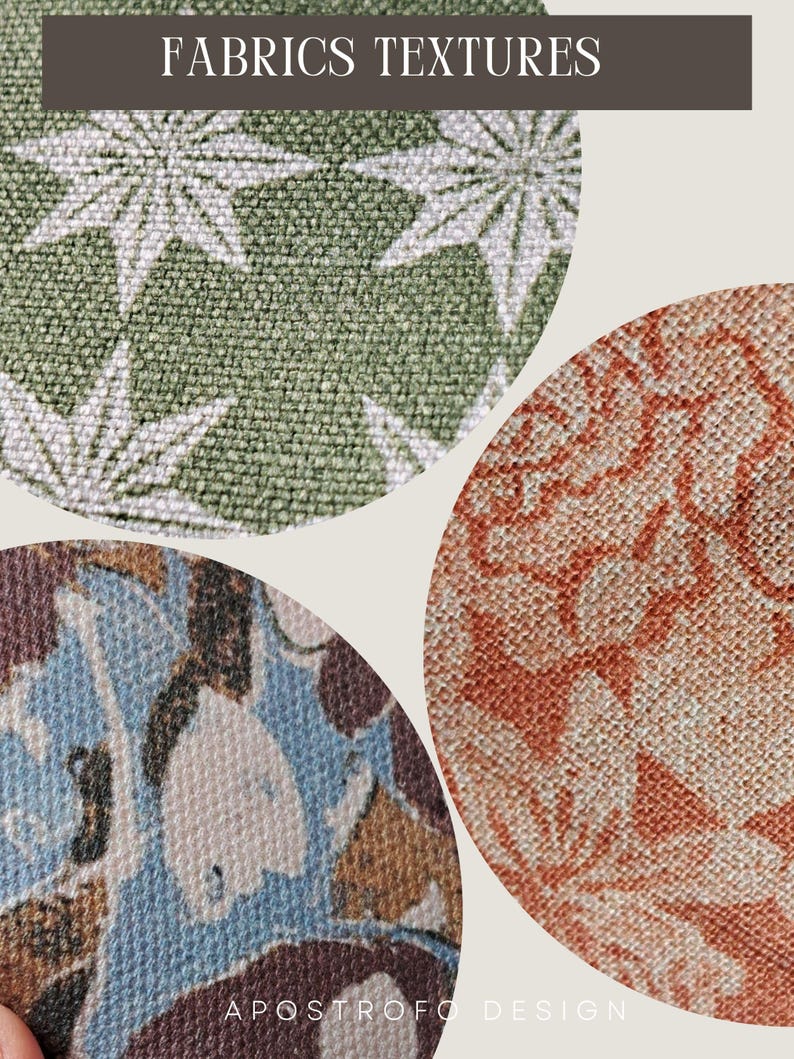 May include: Three circular fabric swatches labelled FABRICS TEXTURES and APOSTROFO DESIGN. The top swatch is green with white star patterns. The bottom left swatch features blue, brown, and white floral motifs. The right swatch is orange with floral patterns.