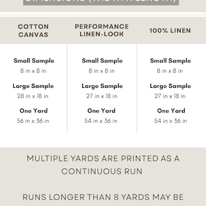 May include: A beige informational chart titled APOSTROFO DESIGN DIMENSIONS (WIDTH X LENGTH) listing sizes for Cotton Canvas, Performance Linen-Look, and 100% Linen fabrics. It details small samples, large samples, and one yard measurements in inches.