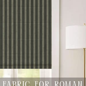 May include: A Roman shade featuring a vertical striped pattern in dark gray and muted olive green tones. The text APOSTROFO DESIGN is visible at the top, and the text FABRIC FOR ROMAN SHADES is displayed in white at the bottom of the image.