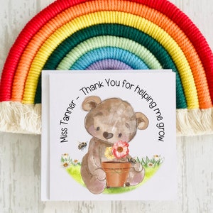 Teacher Thank You Card, End of Term Card, Teacher, Teaching Assistant, Nursery Teacher, Bear Plant Pot Design, Blank Inside, Personalised