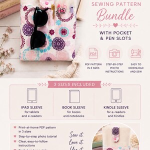 May include: A book sleeve sewing pattern bundle featuring text that reads BOOK SLEEVE SEWING PATTERN Bundle WITH POCKET & PEN SLOTS. The image displays a fabric sleeve with a purple and teal mandala pattern, a front pocket, and pen slots.
