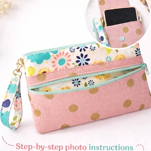 May include: Pink polka dot clutch with a floral patterned top section and a matching wrist strap. The clutch has two zippered compartments and a snap-closure phone case. The text "PDF PATTERN" is at the top.