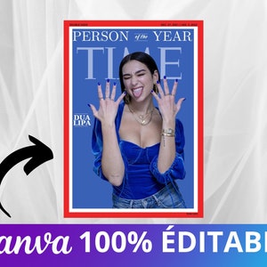 Peut inclure: Une couverture de magazine avec Dua Lipa comme Personne de l'Année de Time. La couverture a un fond bleu avec du texte blanc. Dua Lipa porte un haut en velours bleu et un jean, avec du vernis à ongles bleu. Le magazine est encadré en rouge.