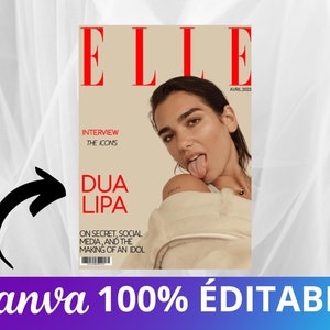 May include: A magazine cover featuring Dua Lipa, a singer, with the title "ELLE" and the text "Interview the Icons" and "On secret, social media, and the making of an idol".