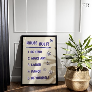 Wydruk artystyczny House Rules, Wystrój domu, Sztuka na barze, Plakat do mieszkania, Wystrój akademika, Modna sztuka do druku, Wystrój funky, Uroczy wystrój domu,