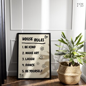 Wydruk artystyczny House Rules, Wystrój domu, Sztuka na barze, Plakat do mieszkania, Wystrój akademika, Modna sztuka do druku, Wystrój funky, Uroczy wystrój domu,