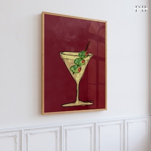 Handgetekende Martini Print Cocktail Alcohol Poster Bar Cart Prints Rode Poster Vintage Handgetekende Keuken Print Wall Art Alcohol Print