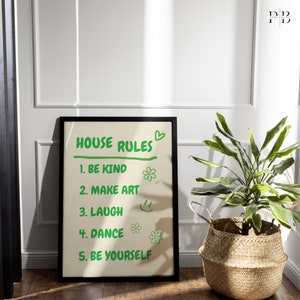 Wydruk artystyczny House Rules, Wystrój domu, Sztuka na barze, Plakat do mieszkania, Wystrój akademika, Modna sztuka do druku, Wystrój funky, Uroczy wystrój domu,