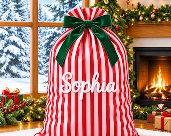 Personalisierter, großer, gestreifter Weihnachtsmann-Sack, individuell bestickte Namens-Weihnachtsgeschenktasche, wiederverwendbarer Geschenksack