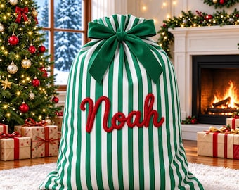Saco de Papá Noel personalizado con nombre, bolsa de regalo navideña bordada, saco de regalo navideño reutilizable para niños, regalo familiar para las fiestas.