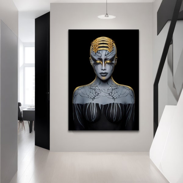 Surreal Fantasy Body Art | Gold Leaf Abstract Portrait | Avant-Garde Gothic Decor | Elegant Mysterious Artwork | Home Decor | Stretched