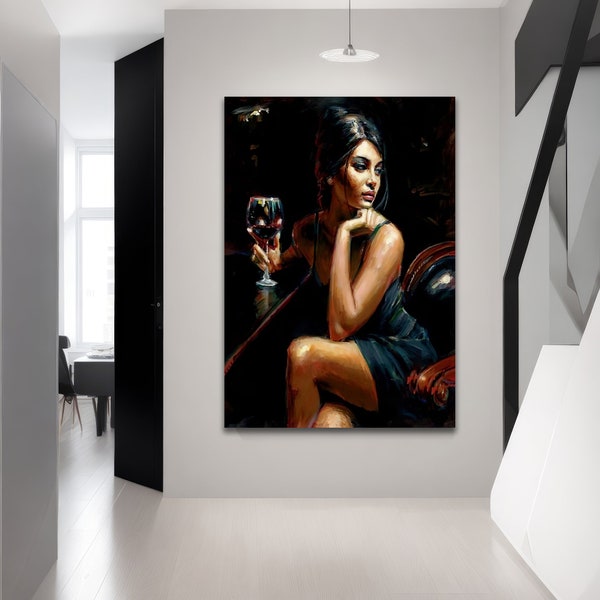 Elegante Dame mit Wein | Anspruchsvolle Portrait Leinwand | Chic Romantische Wand Kunst | Modernes Wohndekor | Wohnkultur | Gespannt | Rolle Leinwand