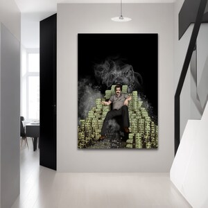 Escobar-canvaskunst | Geld troon afdrukken | Krachtige figuur kunst aan de muur | Woondecoratie | Uitgerekt | Rol canvas