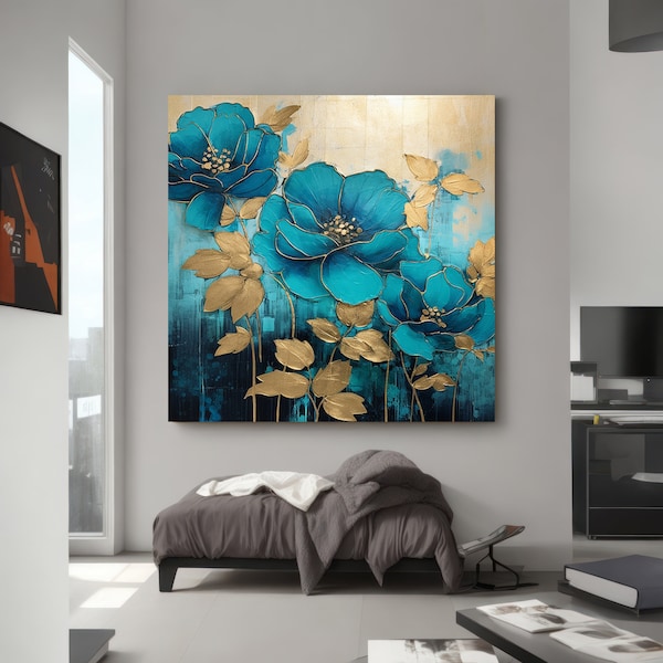 Teal Blue Blooms | Gold Leaf Floral Canvas | Chic Abstract Flower Art | Modern Luxury Wall Decor | Stretched | Roll Canvas