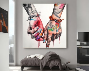 Modern Love Handcuffs Canvas | Edgy Home Decor Art | Securely Shipped | Stretched | Roll Canvas