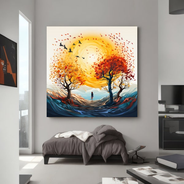 Whimsical Autumn Sunset | Solitary Figure Nature Scene | Vibrant Tree Leaves Art | Peaceful Golden Hour Canvas | Stretched | Roll Canvas