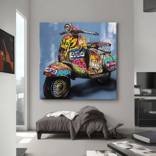 Vespa Graffiti Art Canvas | Urban Scooter Wall Decor | Colorful Home Artwork | Graffiti Vespa | Stretched | Roll Canvas