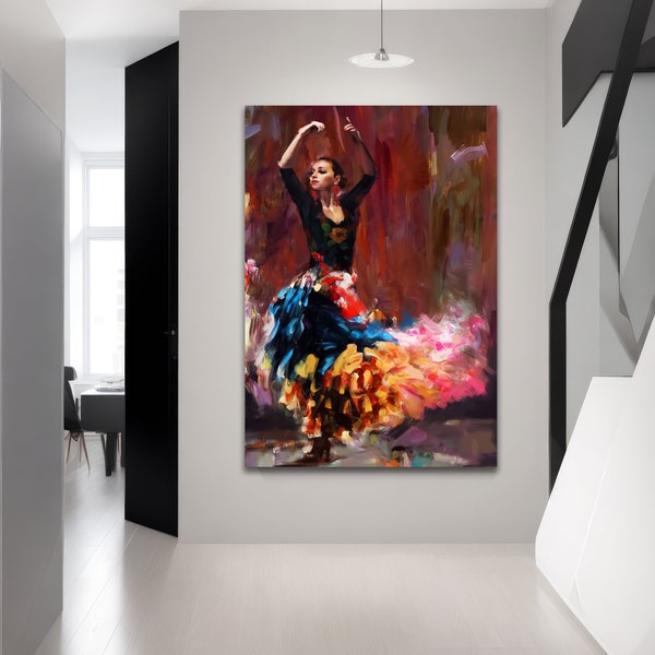 Danseuse de flamenco | Toile abstraite colorée | Décoration de danse passionnée | Décoration d'intérieur | étiré | Rouleau de toile