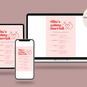 Puede incluir: Un itinerario de fin de semana de boda imprimible digital con el texto "Ellie's getting married" en rojo y blanco sobre un fondo rosa. El itinerario incluye una lista de eventos para cada d&iacute;a de la semana, de mi&eacute;rcoles a s&aacute;bado.