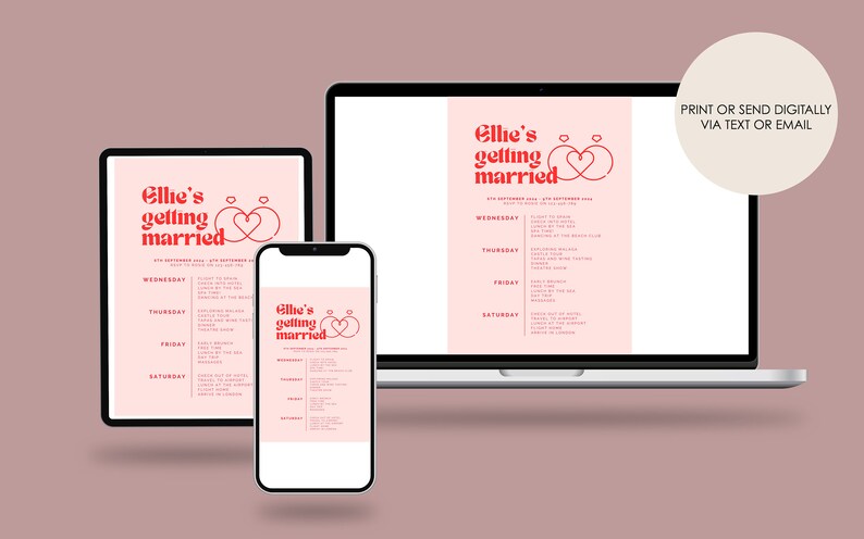 Puede incluir: Un itinerario de fin de semana de boda imprimible digital con el texto "Ellie's getting married" en rojo y blanco sobre un fondo rosa. El itinerario incluye una lista de eventos para cada d&iacute;a de la semana, de mi&eacute;rcoles a s&aacute;bado.