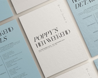 Peut inclure: Une carte blanche avec du texte noir annonçant le week-end de l'enterrement de vie de jeune fille de Poppy les 7 et 8 septembre 2024. Les informations RSVP sont incluses avec un numéro de téléphone.