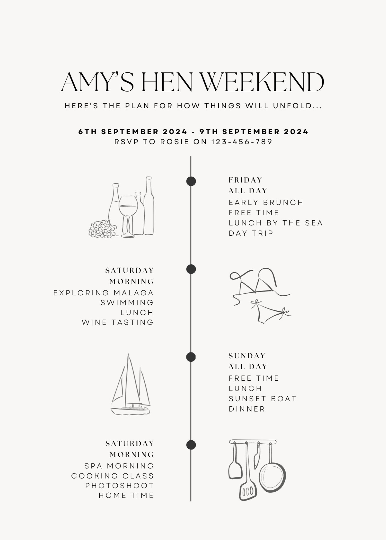 Hen Party Invite Timeline, Chic Minimalist Weekend Itinerary, Modern ...