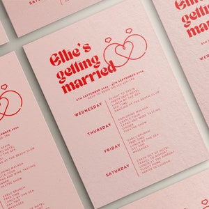 Puede incluir: Una invitaci&oacute;n de boda rosa con texto e ilustraciones rojas. La invitaci&oacute;n dice "Ellie's getting married" e incluye un itinerario de boda para un viaje a Espa&ntilde;a.