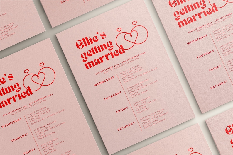 Puede incluir: Una invitaci&oacute;n de boda rosa con texto e ilustraciones rojas. La invitaci&oacute;n dice "Ellie's getting married" e incluye un itinerario de boda para un viaje a Espa&ntilde;a.