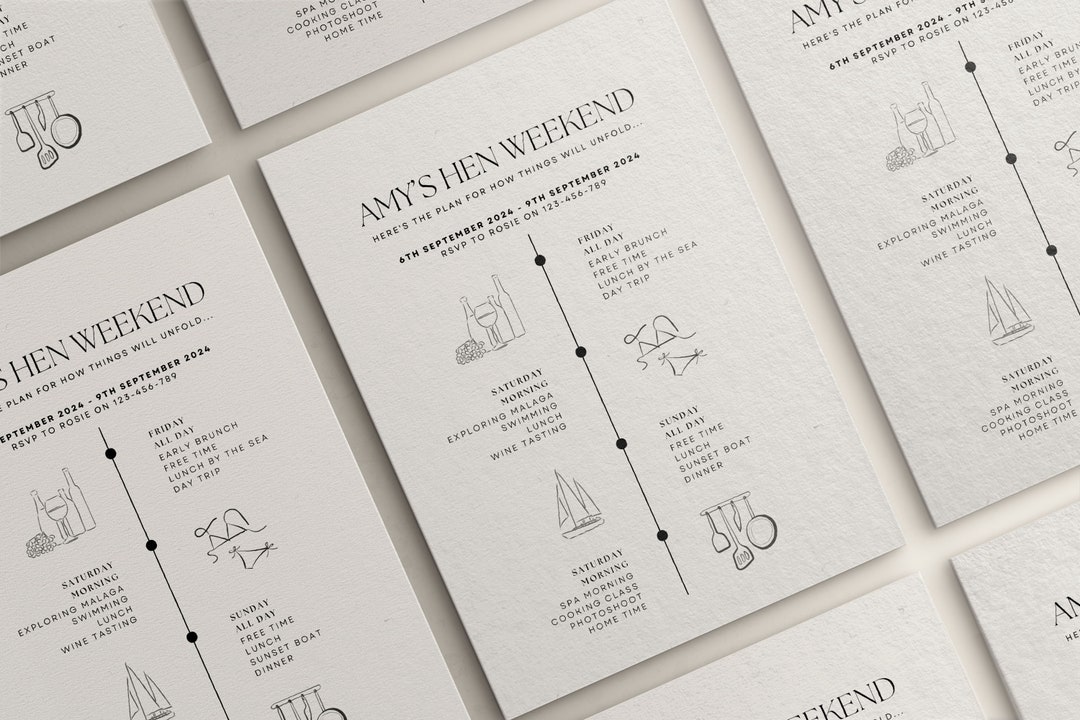 Hen Party Invite Timeline, Chic Minimalist Weekend Itinerary, Modern ...