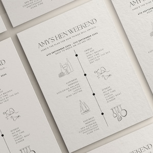 以下が含まれることがあります： 白黒のタイムライン形式のヘンパーティーの旅程。旅程には、水泳、ワインテイスティング、料理教室、サンセットクルーズディナーなどのアクティビティが含まれています。テキストには、「エイミーのヘンパーティー」と「これが、すべてがどのように展開していくかの計画です... 2024年9月4日 - 2024年9月9日。ロージーに123-456-789まで連絡してください。」と記載されています。