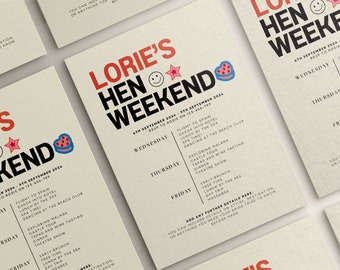 Uitnodiging en reisplan voor vrijgezellenfeesten uit de jaren 90, bewerkbare canvassjabloon (digitale download)