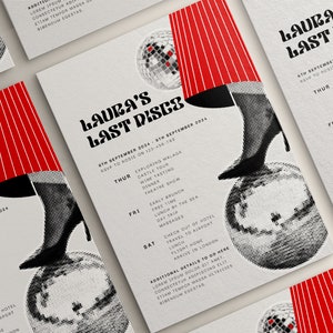 Puede incluir: Una invitación en blanco y negro con rayas rojas y blancas. La invitación es para el último disco de Laura, que tendrá lugar el 8 de septiembre de 2024. La invitación incluye una lista de actividades para el fin de semana, incluyendo explorar Málaga, una visita al castillo, degustación de vinos, cena, un espectáculo de teatro, y mucho más.
