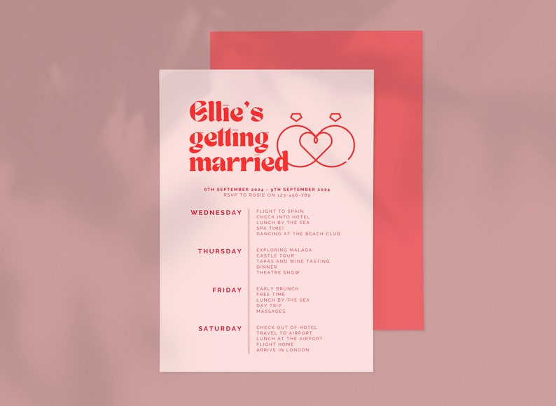 Puede incluir: Una invitaci&oacute;n de boda rosa y roja con el texto "Ellie's getting married" y un itinerario de boda para una boda en Espa&ntilde;a. El itinerario incluye actividades como un vuelo a Espa&ntilde;a, una visita al castillo y una excursi&oacute;n de un d&iacute;a a la playa.