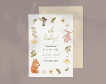 Bewerkbare uitnodiging babyshower bosdieren (digitale download)