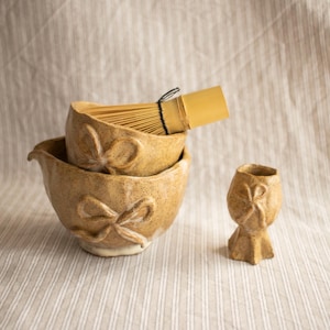 Handmade Ceramic Matcha Bowl Set: Ribbon Detail, Wabi Sabi Tea Ceremony