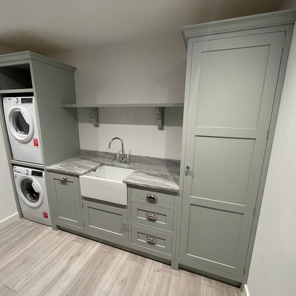 Handmade utility/laundry cabinetry shaker style kitchen, Belfast sink, solid Oak worktop, tap FREE DELIVERY- Bespoke sizes available