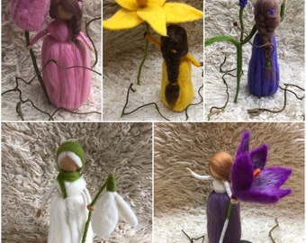 Spring messengers spring girl flower girl felted crocus daffodil pearl hyacinth snowdrop tulip felt figure