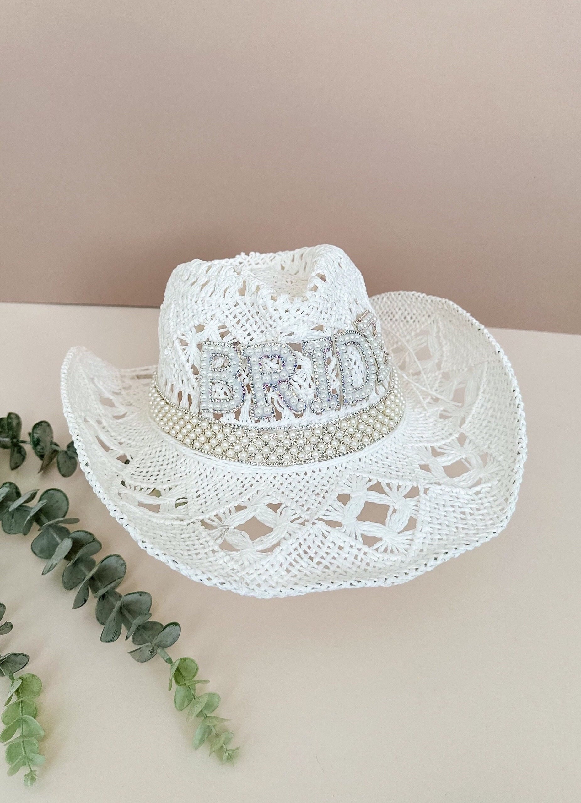 White Bride Crochet Hat, Bride Cowgirl Hat, Bridal Gift, Pearl Cowboy, Wedding Bride Cowgirl Hat with Pearl Veil – Mirth Merry main image 3