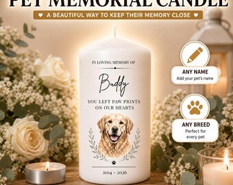 Candela commemorativa personalizzata per animali domestici / Regalo personalizzato in ricordo del cane / Regalo di condoglianze per la perdita di un animale domestico / Omaggio con impronta di zampa / Ricordo del lutto