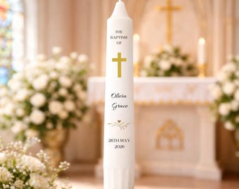 Personalised Baptism Taper Candle | Gold Cross Baptism Candle | Baby Baptism Candle | Custom Christening Candle | Keepsake Gift