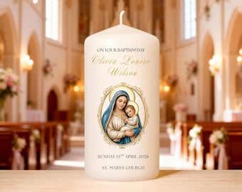 Personalisierte Taufkerze mit Jungfrau Maria | Taufkerze | Katholische Religiöse Kerze | Baby Taufgeschenk | Taufzeremonie-Andenken