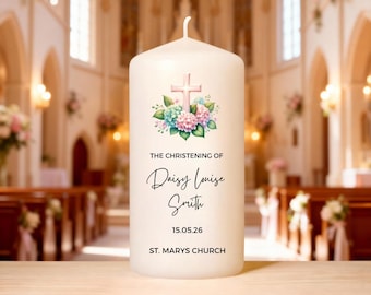 Personalised Christening Candle | Custom Name | Date & Church | Floral Cross Design | Baptism Keepsake | Bay Boy | Baby Girl | Godchild Gift